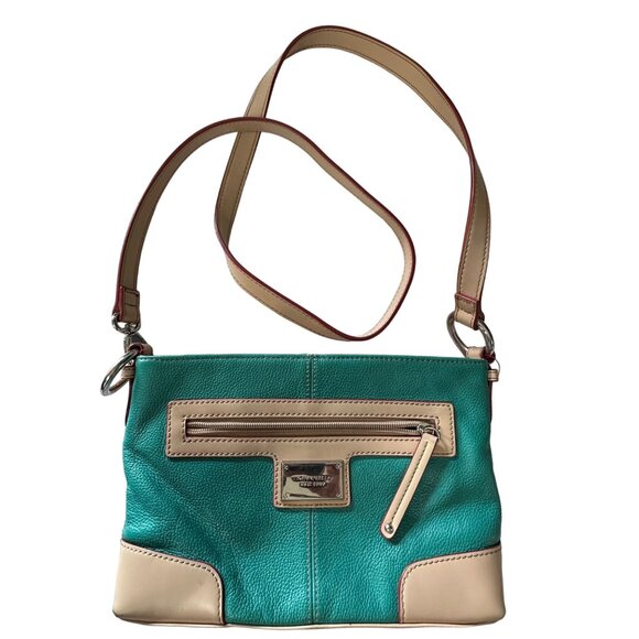 Tignanello Handbags - Tignanello teal tan leather multi compartment zip crossbody purse satin lining